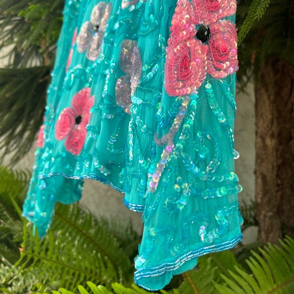 Turquoise Pink 100% Silk Floral Sequin Short Jacket | Hand Embroidered | Small - Picture 11 of 16